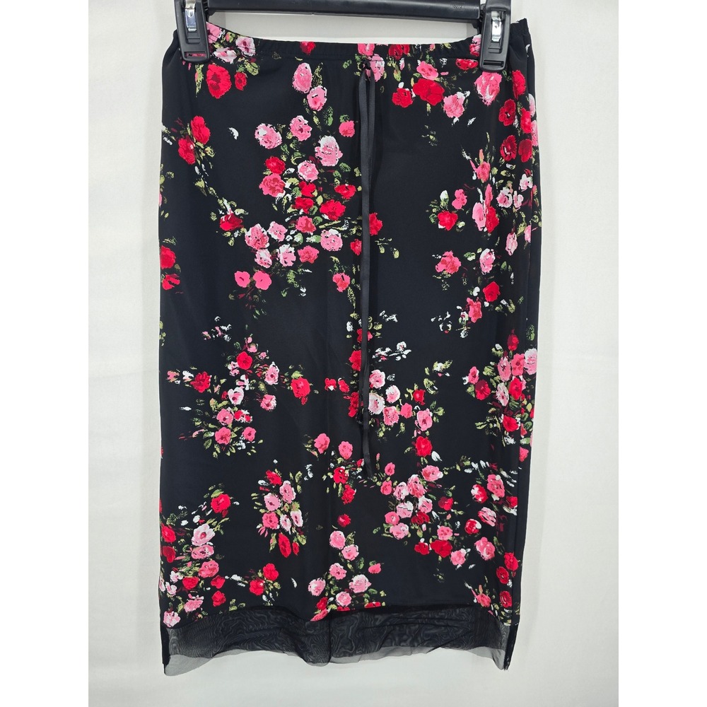 Wet Seal Vintage Floral Mesh Trim Midi Skirt Black Pink Red Small